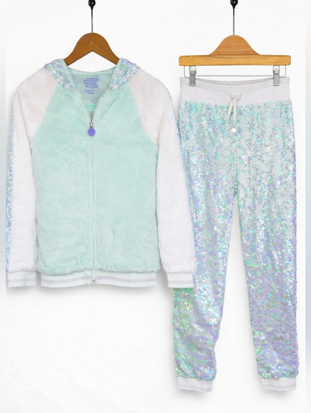 More Than Magic Faux Fur Sequin Hoodie & Mermaid Sequin Jogger Set Girls L 10/12